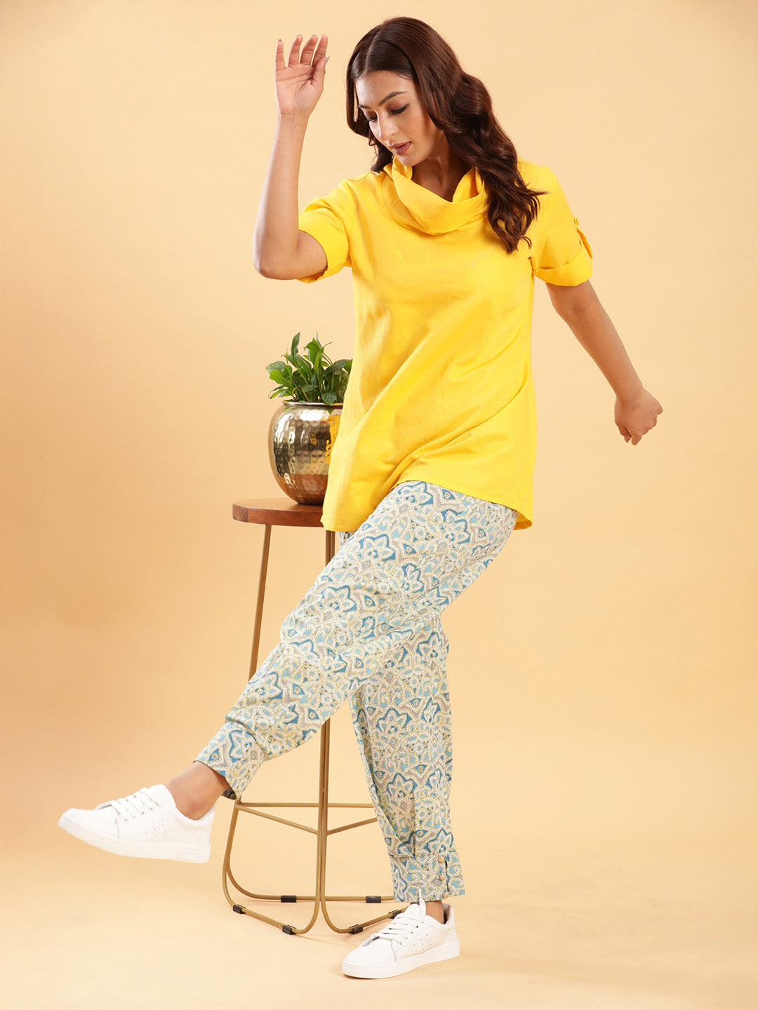 Yellow Cowl Neck Linen Top with Moroccan Print Afghani Pants Co-ord Set