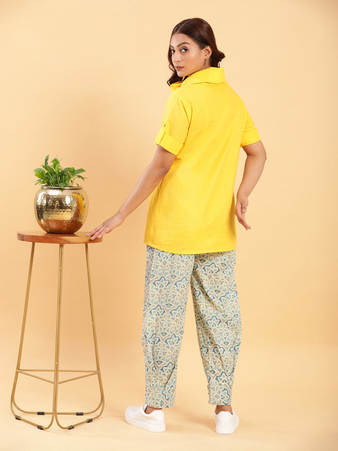 Yellow Cowl Neck Linen Top with Moroccan Print Afghani Pants Co-ord Set